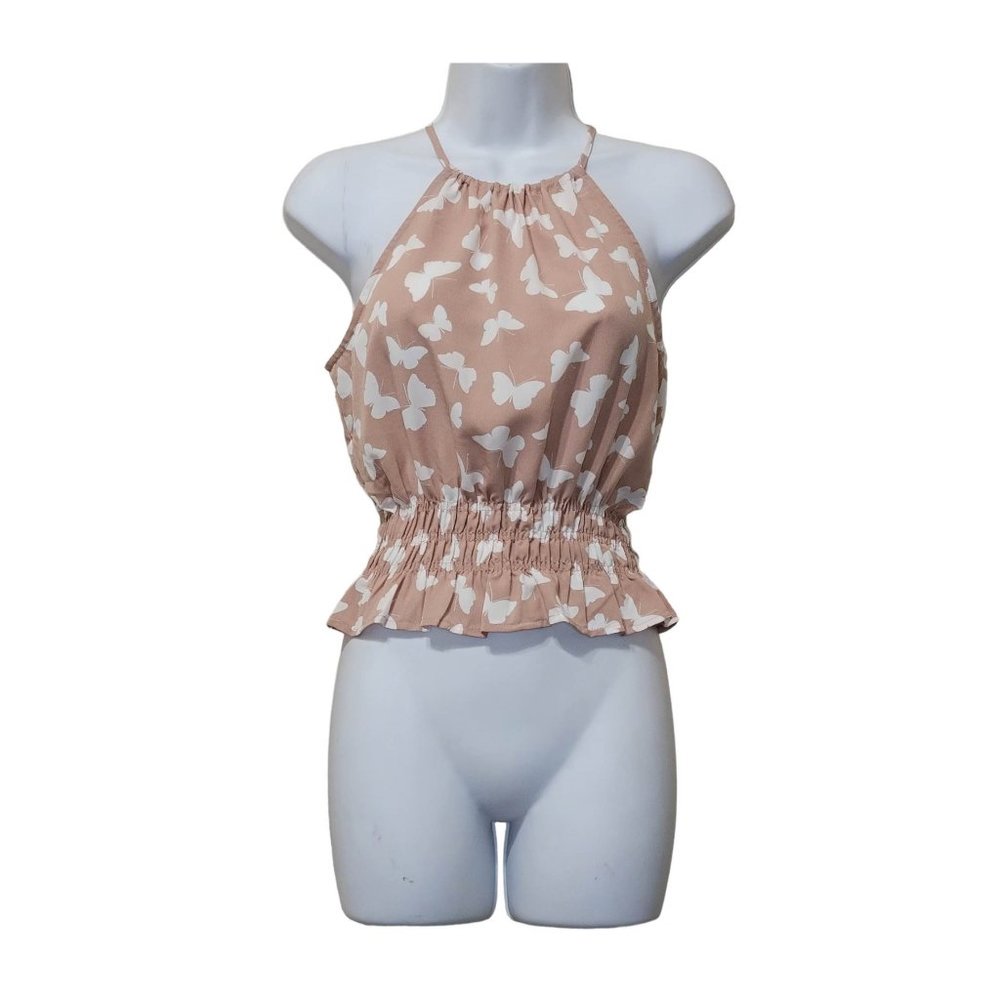 Paper Crane: Pink White Butterfly Halter Top